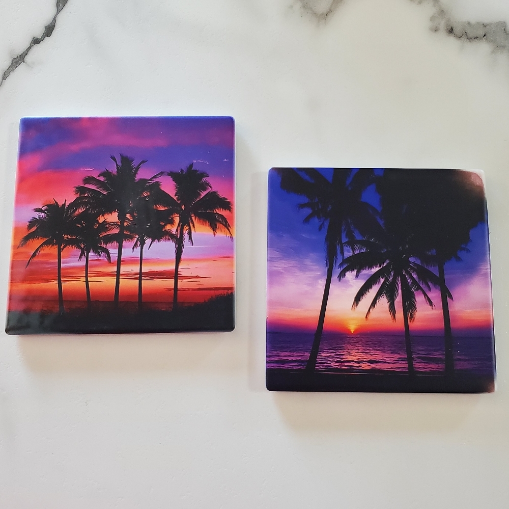 Sunset Palm Trees 2 Pack Sandstone Coasters